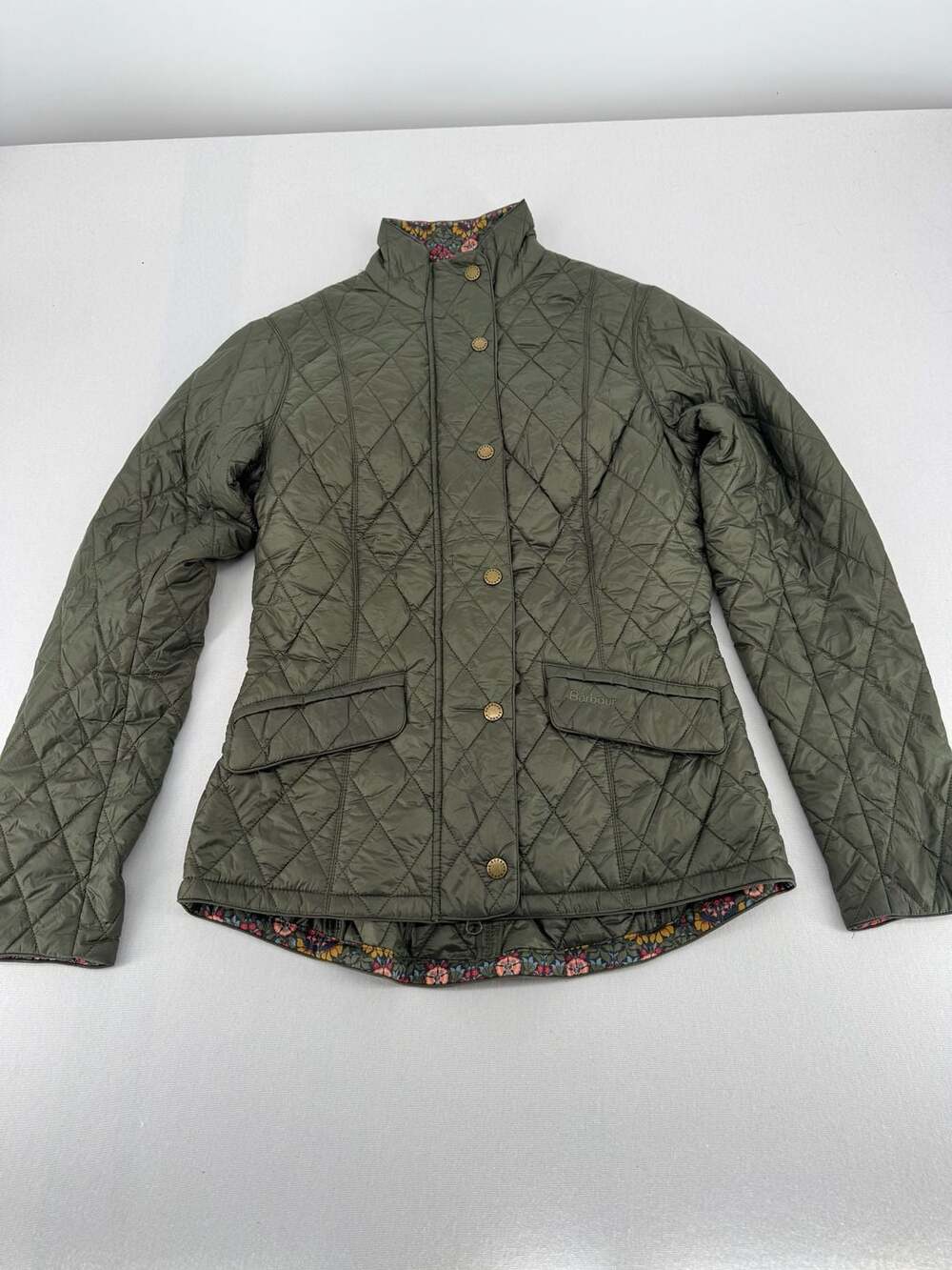 Barbour Victoria Quilt Jacket Size US 4 Olive Green Liberty Fabric